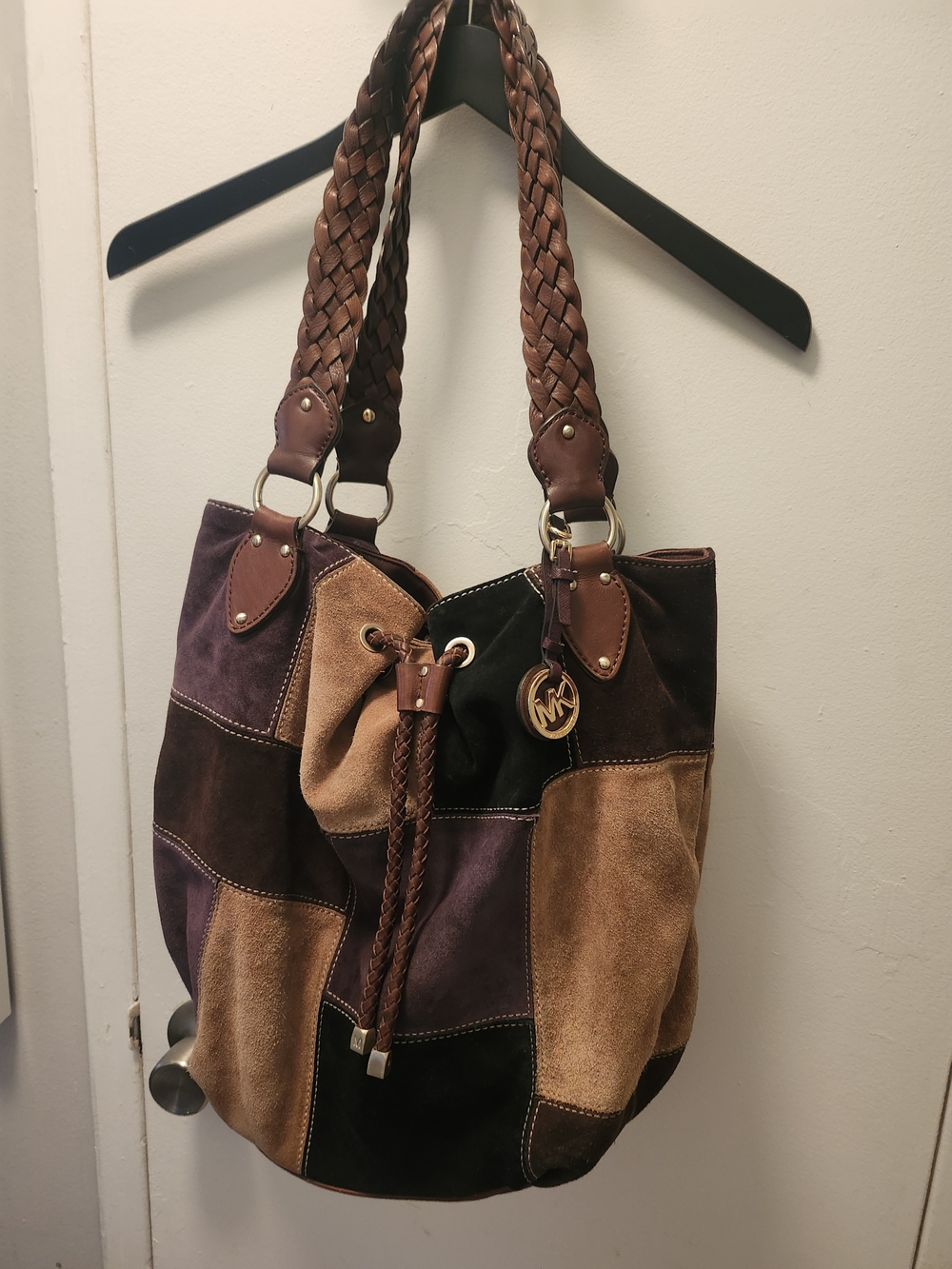 Michael Kors Patchwork Suede Shoulder Bag in Brown/Tan/Purple/Black